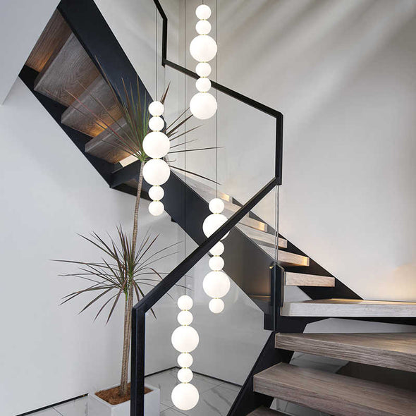 White Bead Chandelier Long Pendant Light for Staircase Living Room