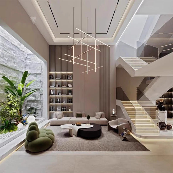 Geometrical Stainless Steel Chandelier for Living Room High Ceiling
