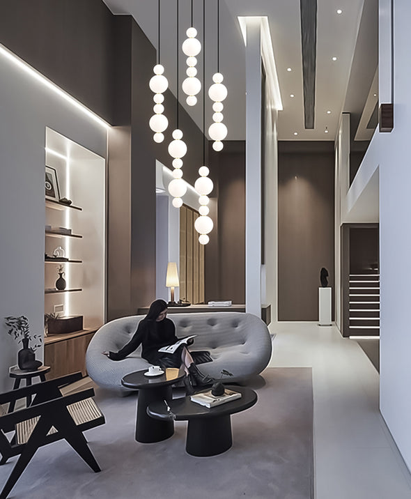 White Bead Chandelier Long Pendant Light for Staircase Living Room