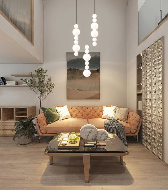White Bead Chandelier Long Pendant Light for Staircase Living Room