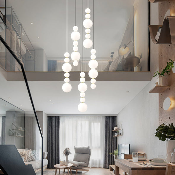 White Bead Chandelier Long Pendant Light for Staircase Living Room
