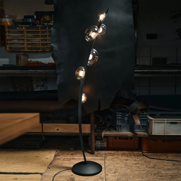 Modern Black Leather Floor Lamp Glass Light Fixture for Living Dining Room