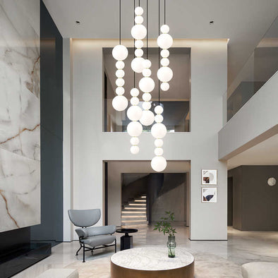 White Bead Chandelier Long Pendant Light for Staircase Living Room
