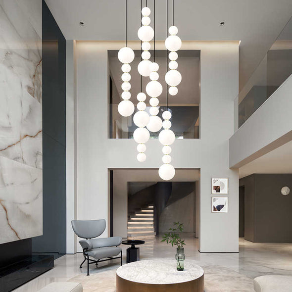 White Bead Chandelier Long Pendant Light for Staircase Living Room