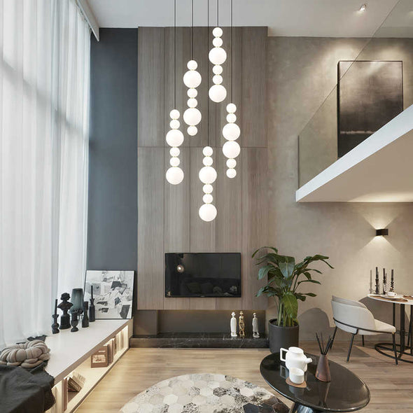 White Bead Chandelier Long Pendant Light for Staircase Living Room