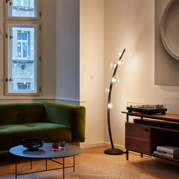 Modern Black Leather Floor Lamp Glass Light Fixture for Living Dining Room