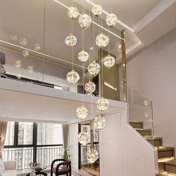 Modern Crystal Ball Chandelier Minimalist High Ceiling Pendant Light for Living Room Staircase