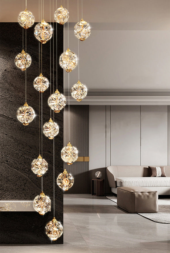 Modern Crystal Ball Chandelier Minimalist High Ceiling Pendant Light for Living Room Staircase