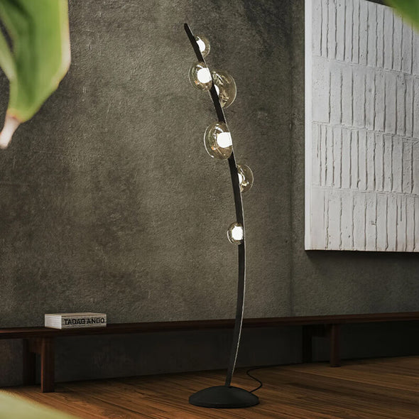 Modern Black Leather Floor Lamp Glass Light Fixture for Living Dining Room