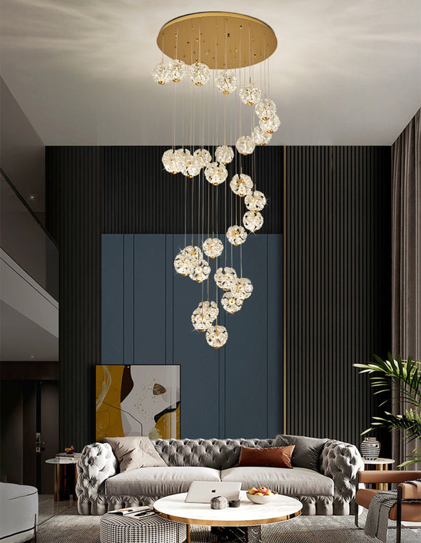 Modern Crystal Ball Chandelier Minimalist High Ceiling Pendant Light for Living Room Staircase