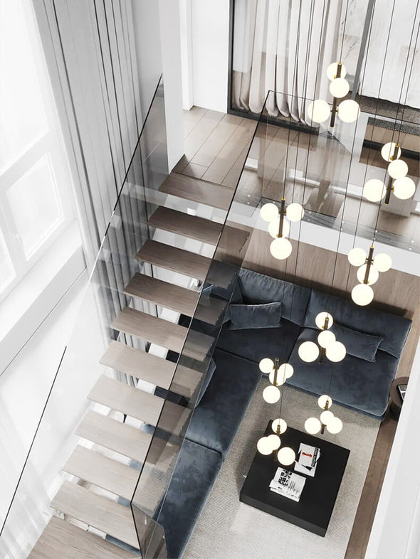 Minimalist White Ball Chandelier High Ceiling Hanging Lamp for Living Room Staircase