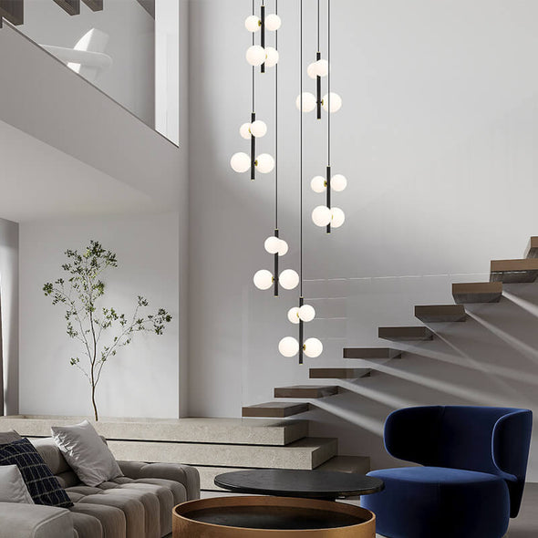 Minimalist White Ball Chandelier High Ceiling Hanging Lamp for Living Room Staircase
