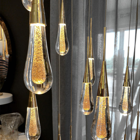 Glass Raindrop Stair Chandelier Novelty Long Chandelier For Staircase