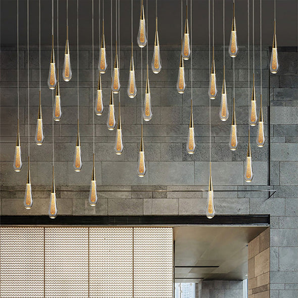 Glass Raindrop Stair Chandelier Novelty Long Chandelier For Staircase