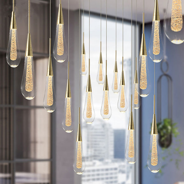 Glass Raindrop Stair Chandelier Novelty Long Chandelier For Staircase
