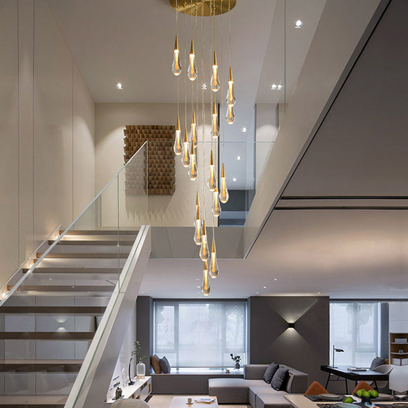 Glass Raindrop Stair Chandelier Novelty Long Chandelier For Staircase