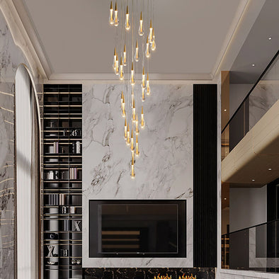 Glass Raindrop Stair Chandelier Novelty Long Chandelier For Staircase