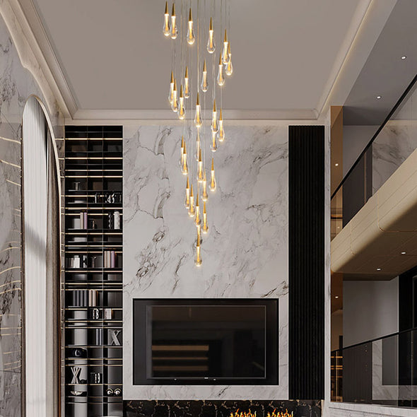 Glass Raindrop Stair Chandelier Novelty Long Chandelier For Staircase